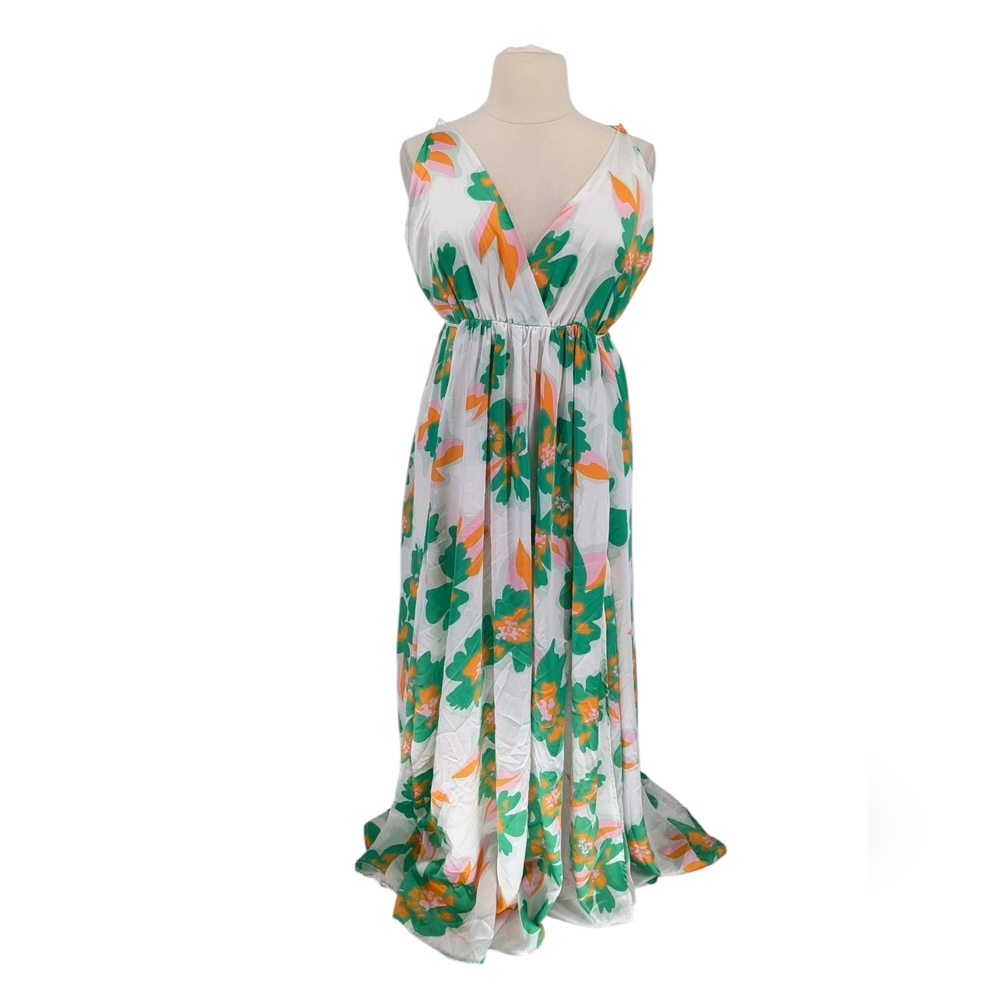19894 BigHit Floral Maxi Satin Dress White Green size Large bohemian resortwear
